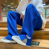 Ceekoo Men High Street Sweatpants Fashion Loose Casual Side Slit Straight-Leg Pants Vintage Blue Jacquard Casual Bottoms Male Clothes