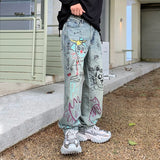 Ceekoo  -  baggy jeans Streetwear High-end personalized graffiti jeans men American high street tide loose straight wide-legged casual pants