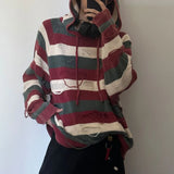 Ceekoo  -  Holed Striped Lazy Style Hooded Sweater Mens American Retro Loose Comfortable Casual Trendy Autumn Winter Knitted Sweater Jacket