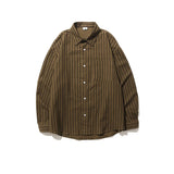 Ceekoo Spring Japanese Retro Brown Striped Shirts for Men and Women Loose Long-sleeved Pocket Button Lapels Casual Men Shirt Jackets