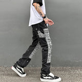 Ceekoo Black White Checkered Patchwork Straight Leg Denim Trousers Men Hip Hop Splashed Ink Logging Pants Jeans Slim Fit Washed Torn