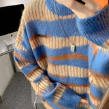 Ceekoo  -  fall outfits Men's Y2K Blue Vintage Striped Knit Knitwear Couple Sweater Sweatshirts Korean Autumn Winter Clothes Pullovers Blouse Tops Men