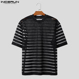 Ceekoo  Men T Shirt Mesh Striped O-neck Short Sleeve Transparent Men Clothing Streetwear Sexy Korean Fashion Tee Tops S-5XL INCERUN