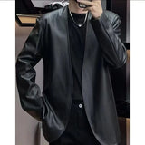 Ceekoo  -  Vintage Mirad Leather Jacket For Men Collarless Long Sleeved Cardigan Fashion Trendy Fur Tops Coat Oversize Handsome Streetwear