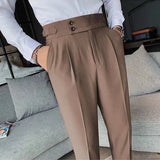 Ceekoo  -  Fashion Slim Fit Pencil Pants Naples Suit Pant For Men High Waist Button  Business Casual Straight Trousers Korean Cropped Pants