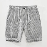 Ceekoo Striped Shorts for Men Japanese Style Pure Linen Casual Elastic Waist Button Up Short Pants  Summer New