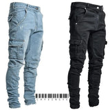 Ceekoo  Jeans Men Black Cargo Pants Multi Pockets Denim Pantalones Blue Slim Fit Overol Hombre Fashion Casual Streetwear Trousers 3XL