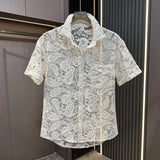 Ceekoo  -  Mens Shirt Shorts Sets Hollow Jacquard Floral Embroidered Shirt Summer Casual Exquisite Short Sleeve Shorts Chic Attractive Sets