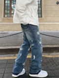 Ceekoo  -  Blue High Street Jeans Men's Solid Color Hole Do Old Straight Leg Pants Loose Button Pockets Y2K Trousers A170