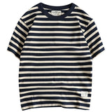 Ceekoo Summer New American Retro Short Sleeve O-neck Navy Striped T-shirt Men's Fashion 100% Cotton Washed Heavyweight Casual Tops