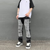 Ceekoo Black White Checkered Patchwork Straight Leg Denim Trousers Men Hip Hop Splashed Ink Logging Pants Jeans Slim Fit Washed Torn