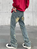 Ceekoo  -  Spring and Autumn High Street Jeans for Men Y2K Straight-leg Pants Splash-ink Button Pocket Washed Trousers A167