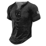 Ceekoo  -  New Men V-neck Vintage T-shirt Short Sleeve Casual Cotton Tee Top Summer Fashion Lace Up 3D Digital Printed Tshirts Man Clothing