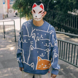 ceekoo Autumn And Winter Cartoon Cat Crew Neck Sweater Men's Loose Couple Knitwear Casual Pullover