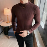 Ceekoo 10 Colors Dark Vertical Stripes Solid Color Half Turtleneck Knit Sweater Men Solid Color Long-sleeved Slimming Sweater Pullovers