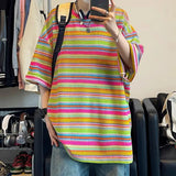 Ceekoo  -  Summer Street Men and Women Trendy Personality Colorful Stripe Hip Hop Round Neck Short Sleeve Couple Loose Casual T-shirt Top