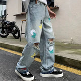 Ceekoo  -  fall outfits men High-end Street hip-hop personality butterfly print jeans men's loose straight wide leg pants retro Y2k washed pants