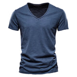 Ceekoo 100% Cotton Men T-shirt V-neck Fashion Design Slim Fit Soild T-shirts Male Tops Tees Short Sleeve T Shirt For Men