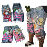 Ceekoo  -  New Y2K Summer Gothic Retro Fashion Skeleton Shorts Men Women Harajuku Street Design Spliced Hip Hop Punk Loose Denim Shorts