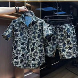 Ceekoo  -  Ethnic Style Scalding Gold Flower Shirts And Shorts Two Piece Set Mens Fashion Short Sleeved Suits Summer Casual Loose Outfits