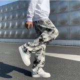 Ceekoo Mens Fashion Printed jeans Spring 2023 Mopping Trousers Jeans Korean Style High Street Loose Hip Hop Wide-leg Jean Pants