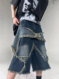 ceekoo American new style retro star patch tassel men denim shorts loose casual hip-hop street couple pants sweatpants