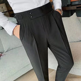 Ceekoo  -  Fashion Slim Fit Pencil Pants Naples Suit Pant For Men High Waist Button  Business Casual Straight Trousers Korean Cropped Pants