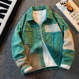 Ceekoo  -  High Street Green Denim Patchwork Jacket For Men Autumn Long sleeve Coat New Fashion Retro Casual Loose Jeans Tops Clothing