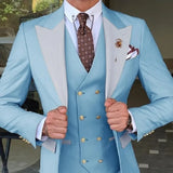 Ceekoo  Light Blue Men Suit Costume Homme Grey Peak Lapel Wedding Prom Groom Slim Fit Terno Masculino Bridegroom Tuxedo Blazer 3 Pcs