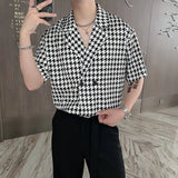 Ceekoo  New Plaid Houndstooth Print Shirt for Men Double-breasted Half Sleeved Cuban Collar Trend Loose Drape Casual Shirts Men