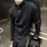 Ceekoo Men Sweaters Solid Color Turtleneck Long Sleeve Zipper Streetwear Pullovers Korean Fashion Casual Men's Clothing INCERUN