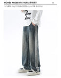 ceekoo  Autumn Winter American Striped Loose Jeans Men Students Loose Straight Wide Leg Long Pants Pocket