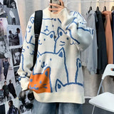 ceekoo Autumn And Winter Cartoon Cat Crew Neck Sweater Men's Loose Couple Knitwear Casual Pullover