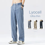 CeekooSummer Thin Baggy Lyocell Jeans Men's Fashion Ice Silk Elastic Waist Fashion Business Casual Straight Trousers Blue Gray Black