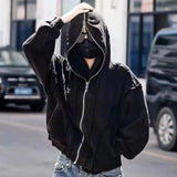 Ceekoo  -  Wash Wax Dyed Zipper Shark Masked Hoodie Short hoodie Men's Fashion Casual Loose Top High Street Korean Style