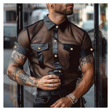 Ceekoo  -  Men's PU Leather Patchwork Shirt Men's Sexy See-through Mesh Shirt Motorcycle So Cool Mesh Men Shirt Punk Party Men's Clothing