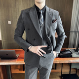 Ceekoo ( Jacket + Vest + Pants ) Autumn Casual Business Fashion Stripe Mens Suit 3Pcs Double Buckle Bridegroom Wedding Dress Party Suit