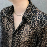 Ceekoo  -  Mens Sexy Leopard Print Mesh See-Through Ice Silk Shirt Autumn Genderless Fashion Youth Nightclub Breathable Hollow Top Unisex