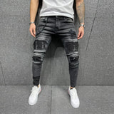 Ceekoo Men Jeans Knee Hole Ripped Stretch Skinny Denim Pants Solid Color Black Blue Autumn Summer Hip-Hop Style Slim Fit Trousers S-4XL