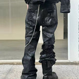 Ceekoo  -  fall outfits Ripped Damaged Coatted Wax Baggy Flare Pants for Men High Street Straight Hole Frayed Leather Distressed Loose Cargos Trousers