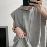 Ceekoo  Men Summer sleeveless tops Hooded T Shirt Waffle Design Sense Sleeveless T-shirt Streetwear Casual Solid Loose Hooded Tank