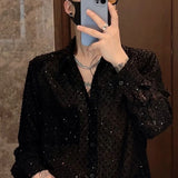 Ceekoo  -  Mens Y2k Tassel Sequin Shoulder Pad Mesh Shirt Nightclub Fashion Personality Casual Versatile Temperament Long-Sleeved Top