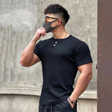 Ceekoo Summer New Men's T-Shirt Henry Shirt V-Neck Short Sleeved Cotton Slim Fit Elastic Gym Sports Fitness T-Shirt Sportswear Top