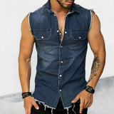 Ceekoo Spring Summer Casual Jean Vest Tops Men Fashion Sleeveless Buttoned Lapel Denim Tank Tops Streetwear Mens Denim Vest Shirts