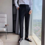 Ceekoo  -  Fashion Slim Fit Pencil Pants Naples Suit Pant For Men High Waist Button  Business Casual Straight Trousers Korean Cropped Pants