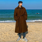 Ceekoo  -  Tweed Overcoat Men's Autumn Winter Long Coat Loose Knee-length New Korean British Thickened Belted Woolen Jacket D1221