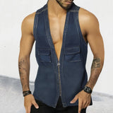 Ceekoo Vintage Zip-up V Neck Jean Vest Men Streetwear Sexy Sleeveless Slim Denim Shirts Mens Summer Fashion Patchwork Pockets Tank Tops