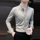 Ceekoo  Spring Autumn New Stand Collar Casual Fashion Woolen Shirt Male Long Sleeve Solid Color Buttons Business Bottomed Blouse Top Men