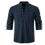 CeekooNew Men's V-neck shirt T-shirt Fashion Vintage Thin Long Sleeve Top men Casual Breathable Viking Front Lace Up man Shirts