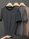 Ceekoo  Men Summer T-Shirts Cotton Striped Knitwear Round Neck Basic Short Sleeve Male T Shirt Knitted Casual Loose Top Tees B83